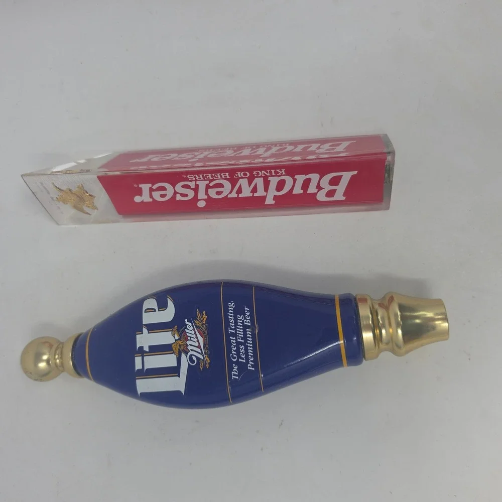 Miller Lite and Budweiser Beer Tap Handle Lot Vintage Barware Breweriana 2pc Set